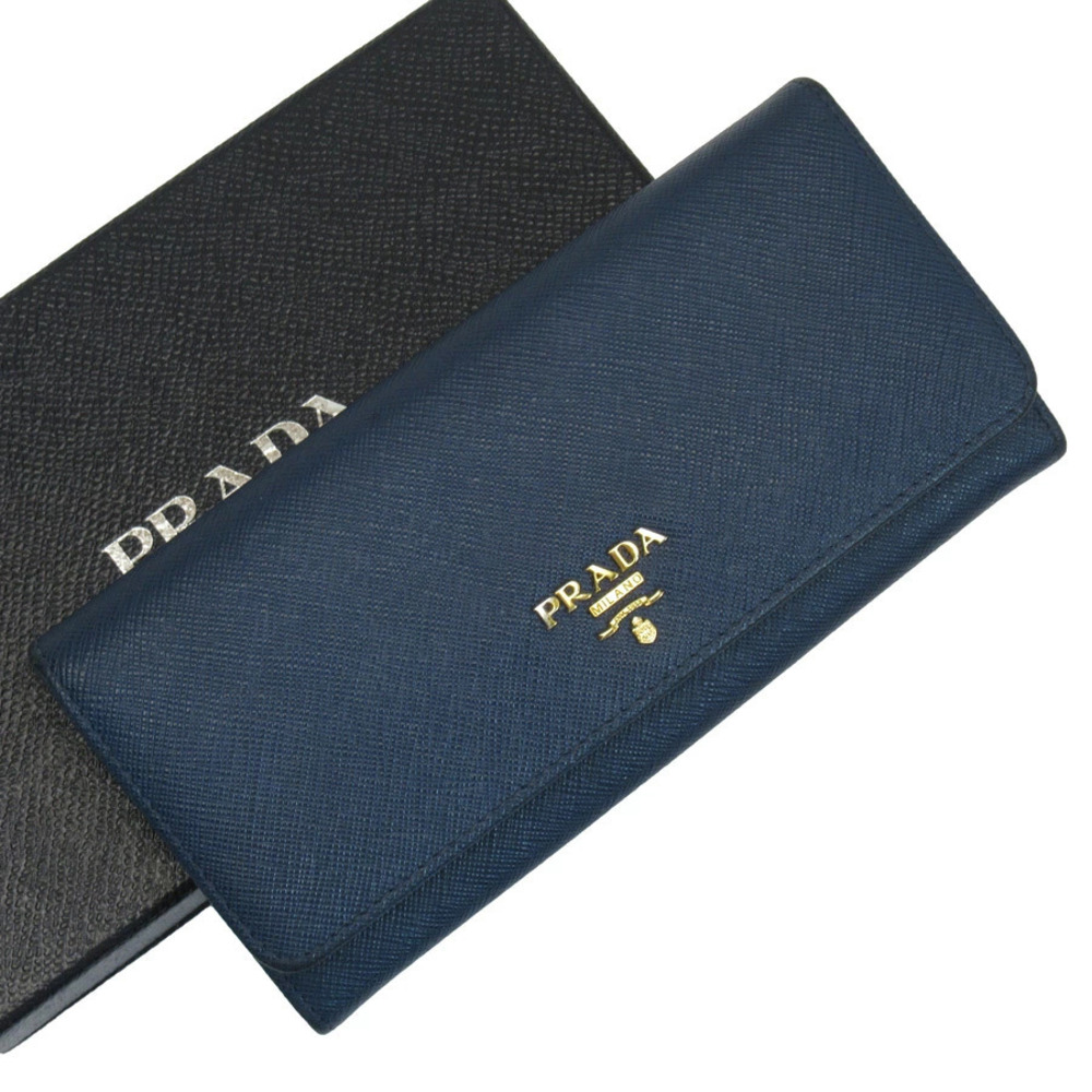 Prada Bi fold Long Wallet Blue Gold Saffiano Leather